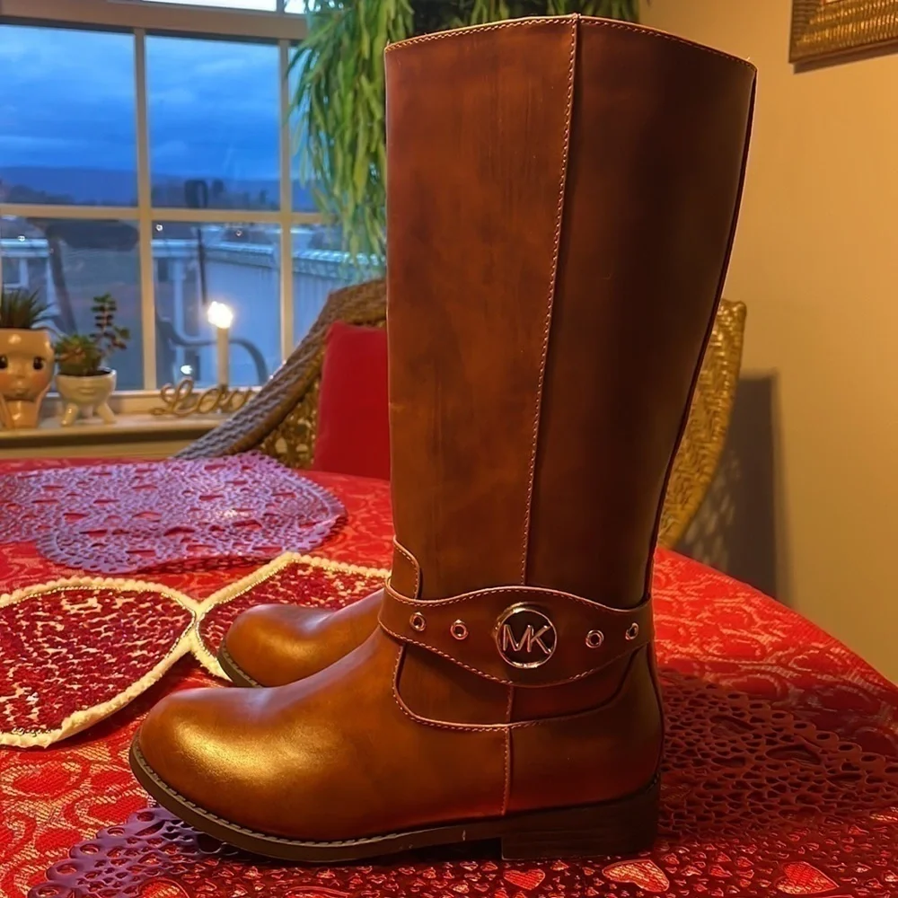 Brand New Michael Kors Girls Emma Heather Zippered Tall Riding Boots in Cognac